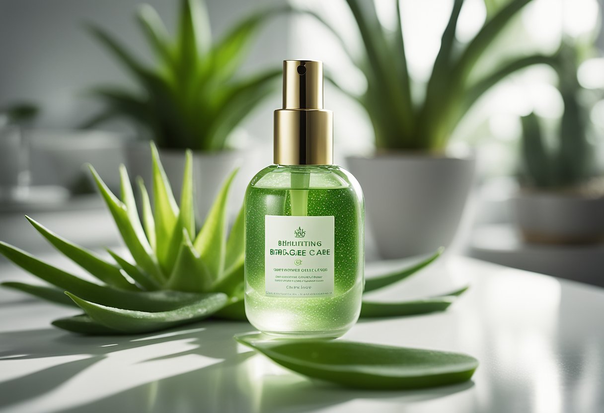 A glowing bottle of Brightening Brigade skin care stands on a clean, white countertop, surrounded by fresh green aloe leaves and soft, natural lighting
